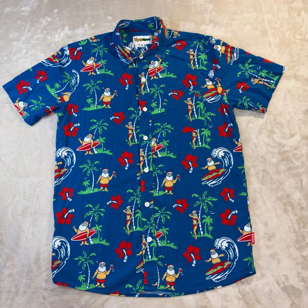 Tipsy Elves Mens Medium Blue Surfing Santa Tropical Christmas Button Down Shirt